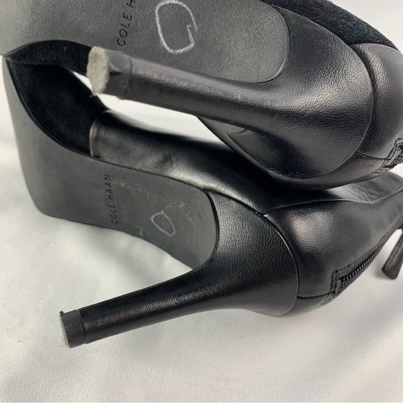 Cole Haan sz 7.5B Black Leather Suede Heeled Ankle Booties Rear Zip Pointed Toe - Picture 10 of 11